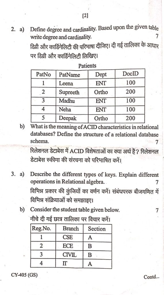 RGPV Previous/Old Year Question Paper (CY-405) Database Management ...